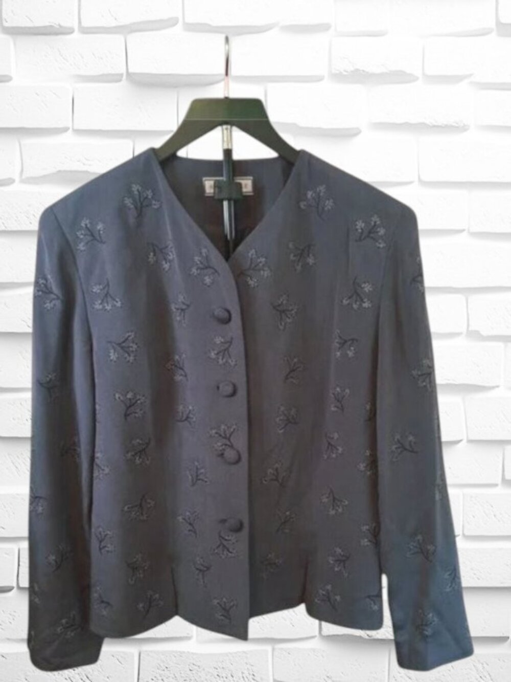Elegant Vintage Grey Silk Embroidered Jacket Sz14